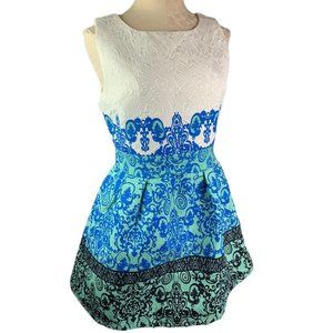 Large Oasap Women's Blue White Fit and Flare Sleeveless Dress Textured Fabric